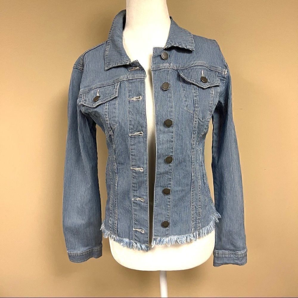 Max Jeans striped jean jacket with frayed bottom. XS